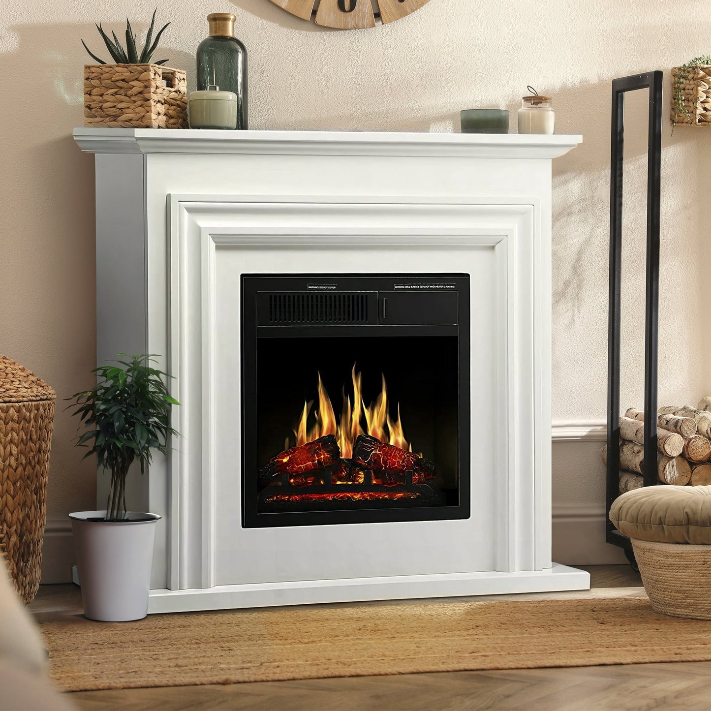 LHRIVER Electric Fireplace, Free Standing Fireplace, with Remote Control, Adjustable LED Flame, 750W/1500W -(White)
