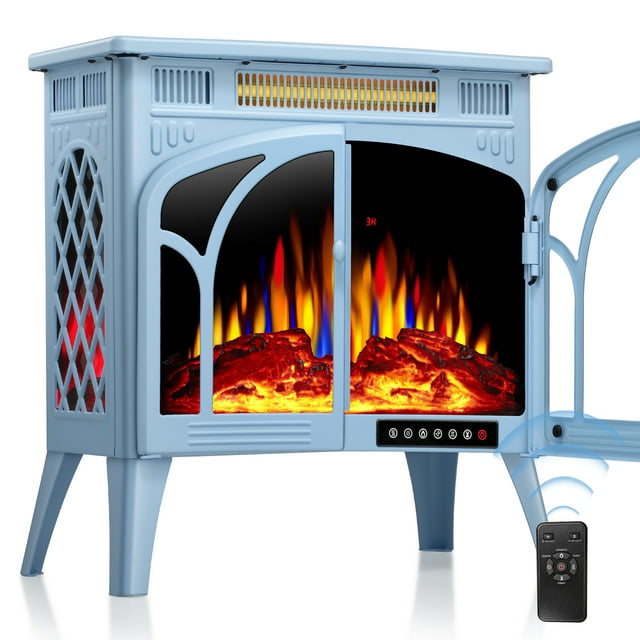 LHRIVER Electric Fireplace Heater 25’’ with 3D Realistic Flame Effect, Freestanding Fireplace, Different Flame Color, 500W/1500W,- BLUE