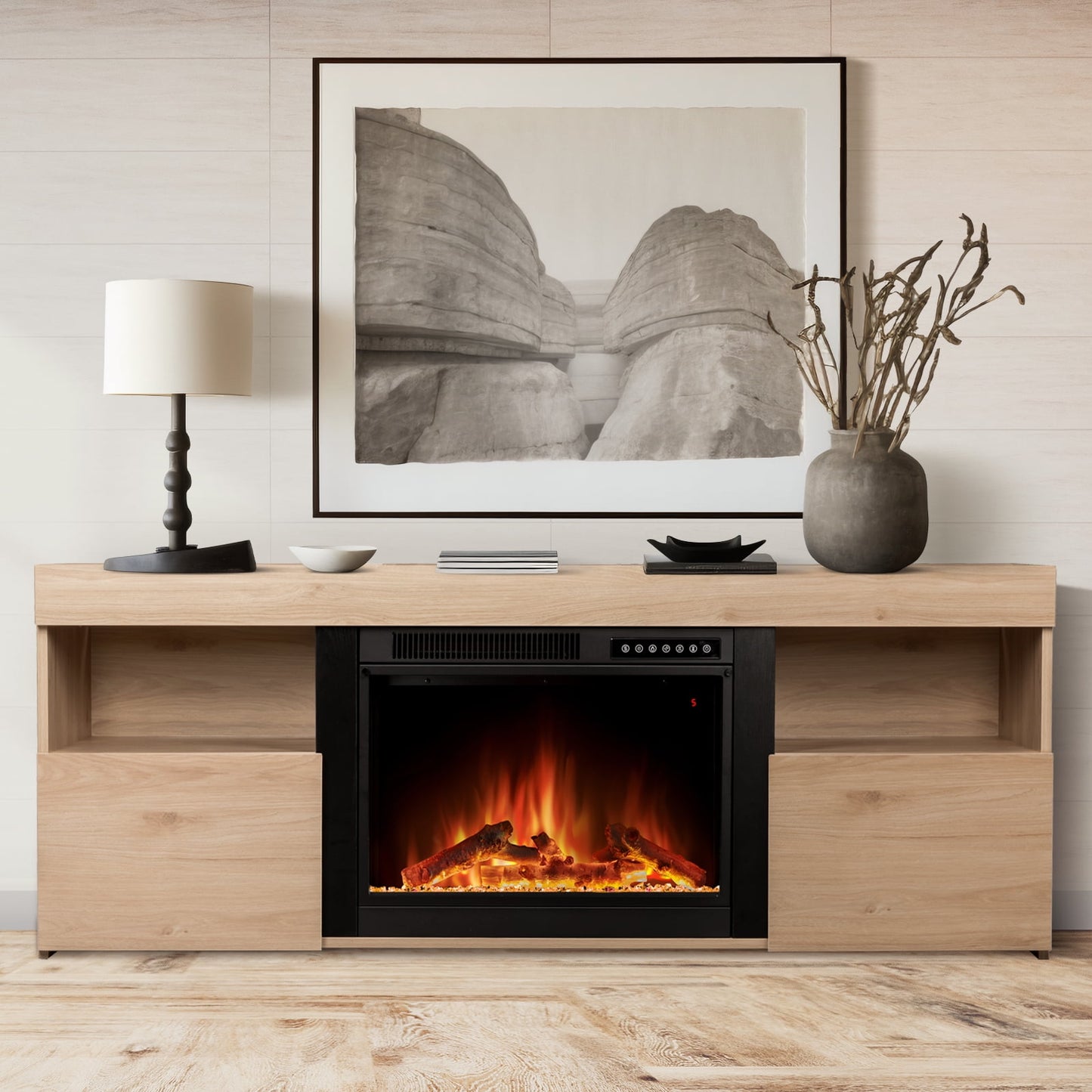 LHRIVER Free Standing Fireplace, Remote Control, 60'', Electric Fireplace Mantel, Adjustable Real 3D Flame Brightness(Pecan)