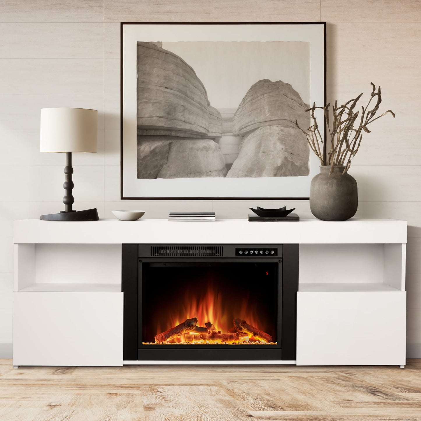 LHRIVER Free Standing Fireplace, Remote Control, 60'', Electric Fireplace Mantel, Adjustable Real 3D Flame Brightness (White)