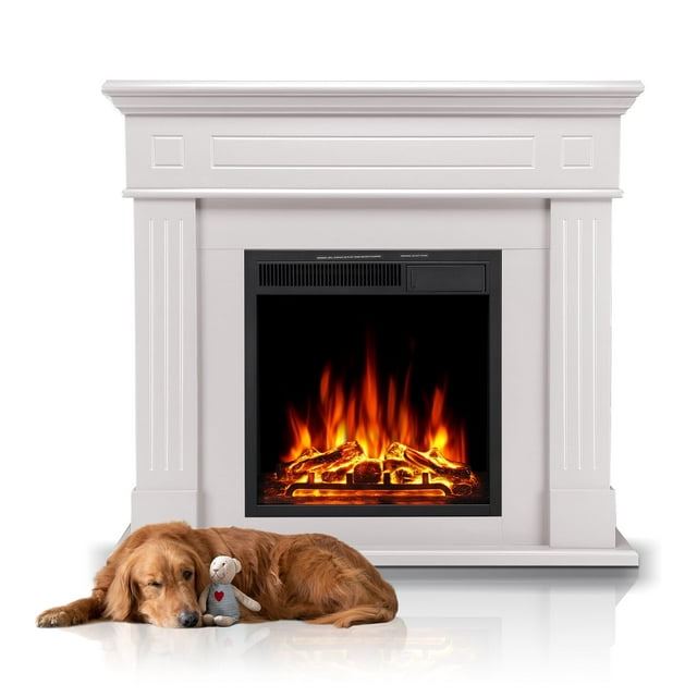 LHRIVER Freestanding Wooden Frame Fireplace with TV Stand, Electric Fireplace Mantel Heater, Various Brightness & Realistic Flames & Remote Control, Home/Office/Cafe,750W-1500W, PEARLWHITE
