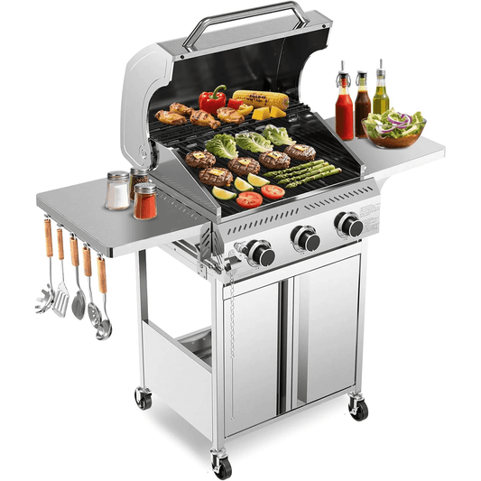 LHRIVER Stainless Steel Gas Grill, 3 Burner BBQ Grill with Tool Holders, 24000BTU