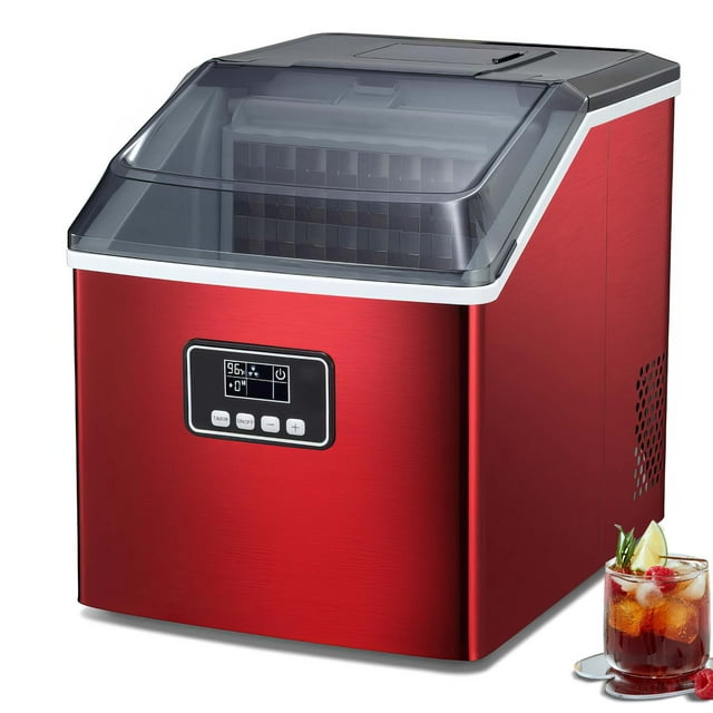 LHRIVER Ice Maker Machine,40LBS/24H, Portable Ice Cube Makers, Self-Cleaning, Easy-to-Control LCD Display, See-Through Lid for Office/Home/Bar (Red)