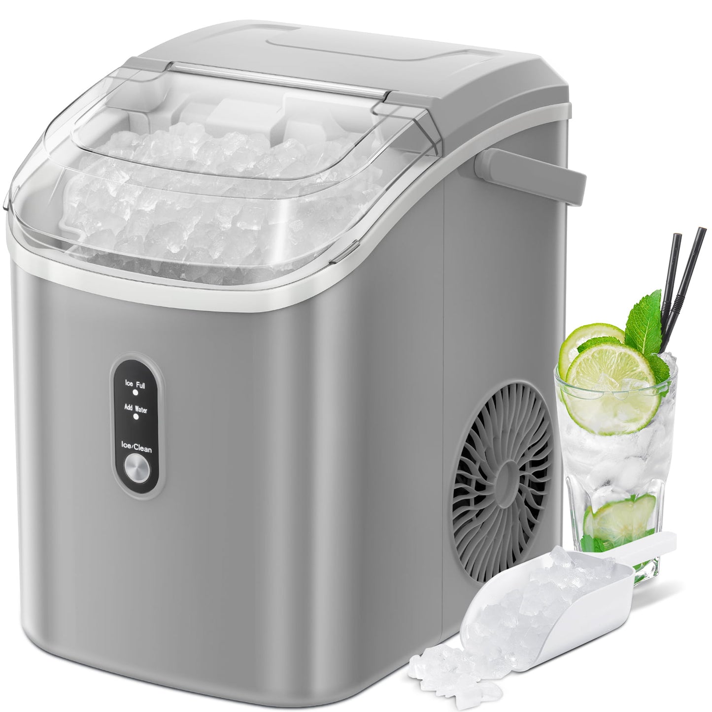 LHRIVER Nugget Ice Maker Countertop, 33lbs/24H with Self-Cleaning Function, Portable Sonic Ice Machine for Home/Office/Party-Gray