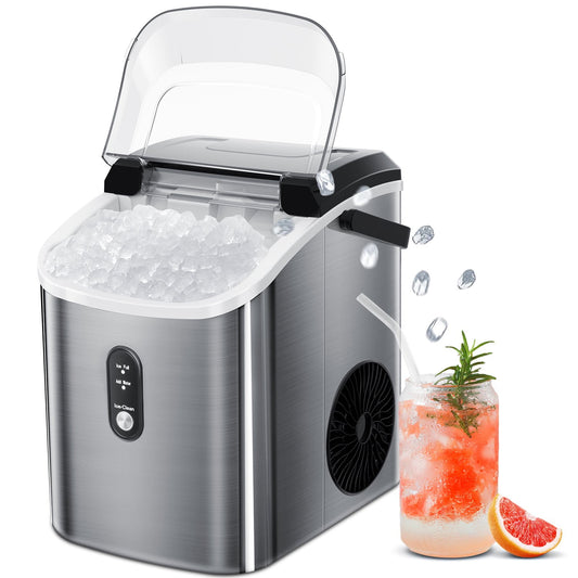 LHRIVER Nugget Ice Maker with Handle, Portable Compact Ice Maker, Self-Cleaning, 33lbs/Day, Removable Ice Basket&Scoop for Home/Office