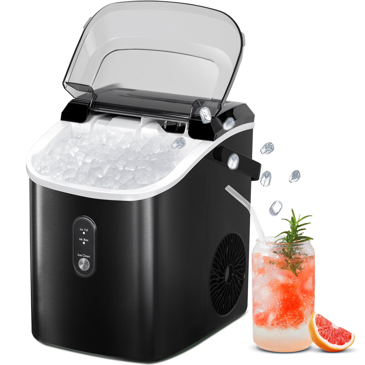 LHRIVER Nugget Ice Maker with Handle, Portable Compact Ice Maker,  Self-Cleaning, 33lbs/Day, Removable Ice Basket&Scoop for Home/Office