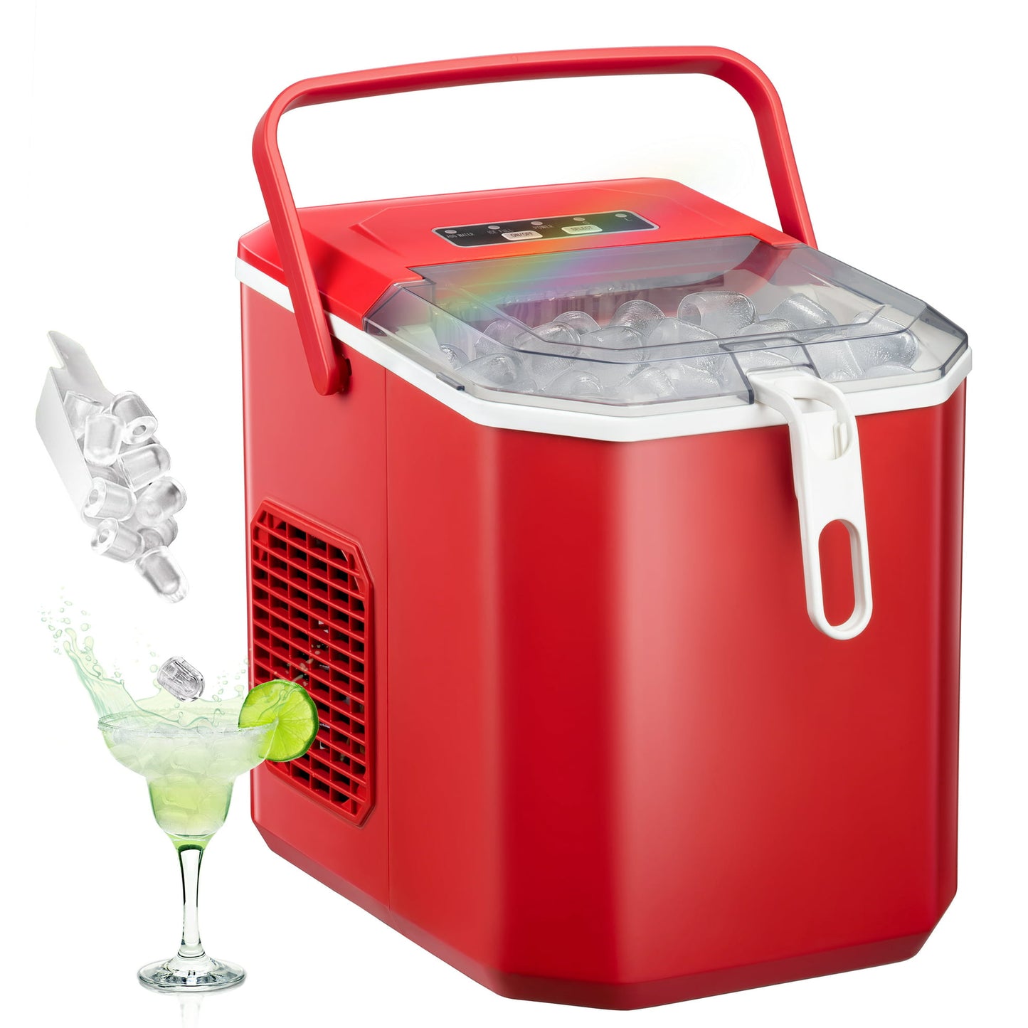 LHRIVER Portable Compact Self-cleaning Ice Maker With Handle and Ice Scoop, Bullet Ice Cubes, 9Pcs/8Min 26Lbs/24H for Home/Office/Bar/Party (Red)