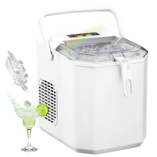 LHRIVER Portable Compact Self-cleaning Ice Maker With Handle and Ice Scoop, Bullet Ice Cubes, 9Pcs/8Min 26Lbs/24H for Home/Office/Bar/Party (White)