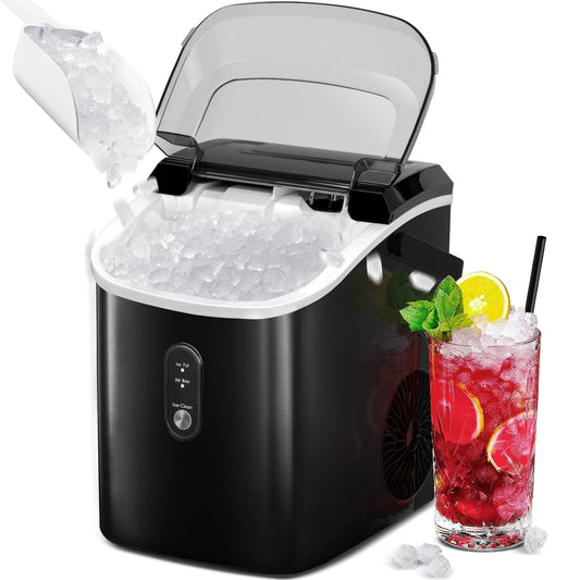 LHRIVER Portable Nugget Ice Maker Countertop, Self-Cleaning Function, 35lbs/24H, for Home/Office/Party Stainless Steel--Black