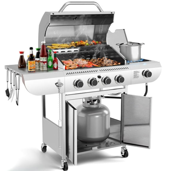 LHRIVER Stainless Steel 4-Burner Gas Grill with Side Burner, 42000BTU Barbecue Propane Grill for Outdoor Patio
