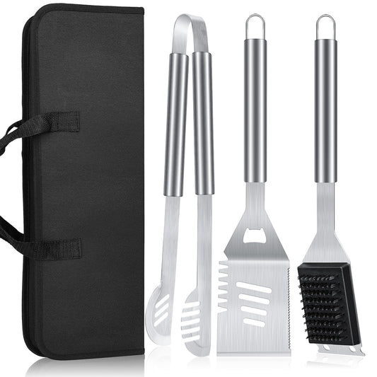 LHRIVER Stainless Steel BBQ Grill Tools Set with Storage Bag, 3 Pieces Include Tong, Spatula, Cleaning Brush