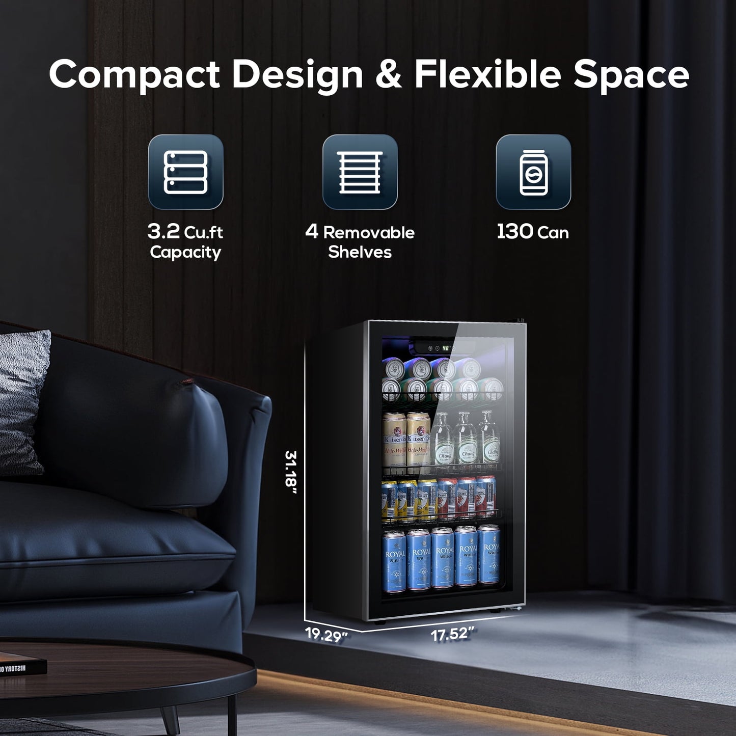 LHRIVER 3.2Cu.ft Beverage Refrigerator and Cooler, 130 Can Mini Fridge, Freestanding Constant Wine Chiller with Glass Door (Silver)