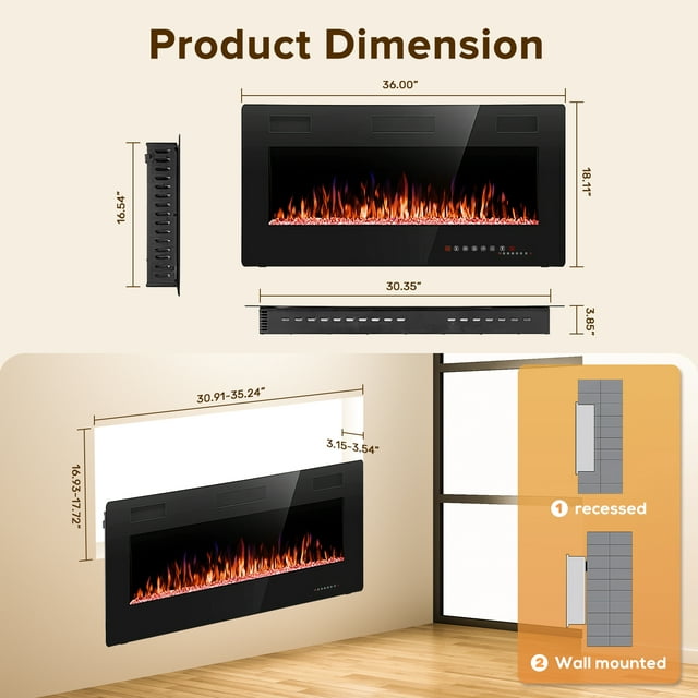 LHRIVER Embedded Wall Mounted Indoor Electric Fireplace, 36 inch, Ultra-thin Low Noise Lightweight LED Fireplace Heater, Touch Screen, Timer, 1500W, Adjustable Flame Color and Speed, Black