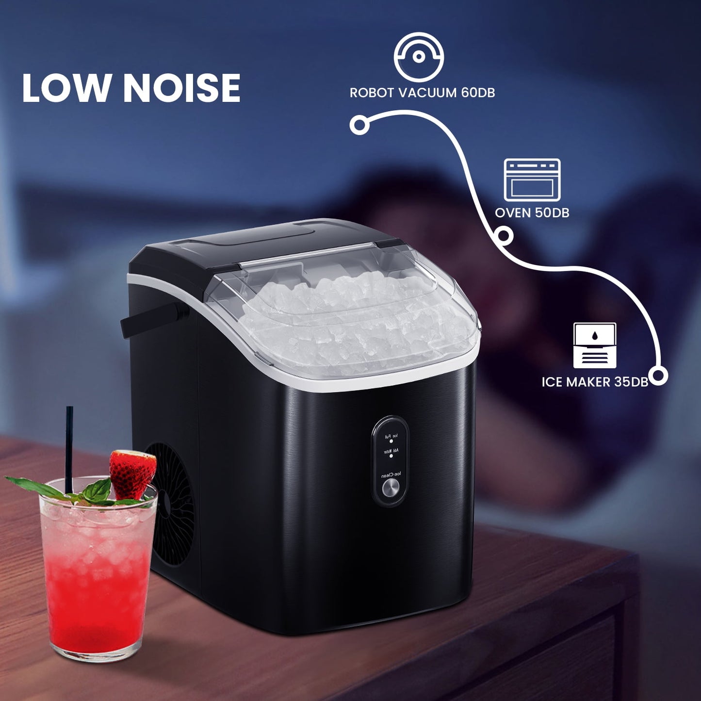 LHRIVER Portable Nugget Ice Maker Countertop, Self-Cleaning Function, 35lbs/24H, for Home/Office/Party Stainless Steel--Black