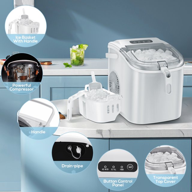 LHRIVER Countertop Ice Maker, Portable Ice Machine with Handle, 26Lbs/24H, 9Pcs/6Mins, One-Click Operation Ice Makers, with Ice Scoop and Basket, for Kitchen/Bar/Party - (White)