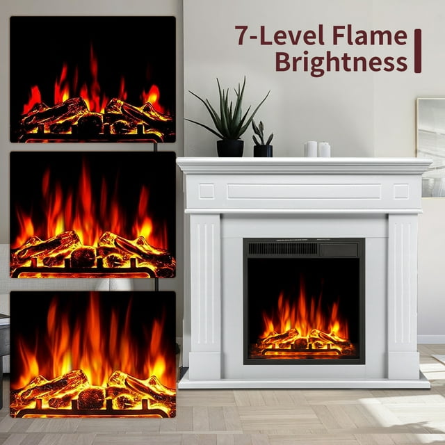 LHRIVER Freestanding Wooden Frame Fireplace with TV Stand, Electric Fireplace Mantel Heater, Various Brightness & Realistic Flames & Remote Control, Home/Office/Cafe,750W-1500W, White