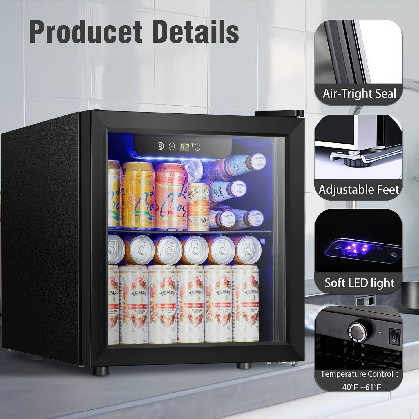 LHRIVER 1.3 Cu.ft Beverage Refrigerator Cooler, Mini Fridge with Glass Door for Soda Beer or Wine