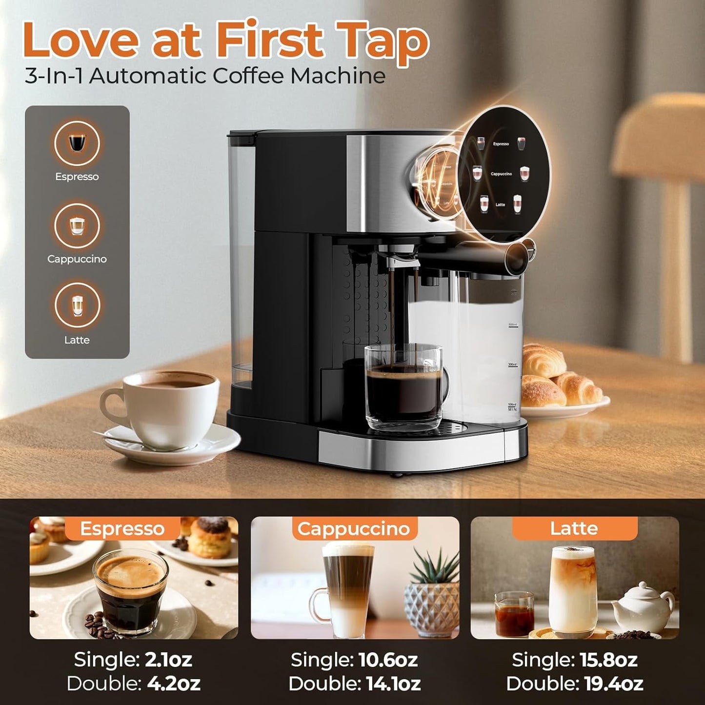 Havato 20 Bar Pressure Espresso Machine with 1.7L Removable Water Tank, Coffee Maker,Automatic Milk Frother.Touch Screen,Stainless Steel,3 types of coffee