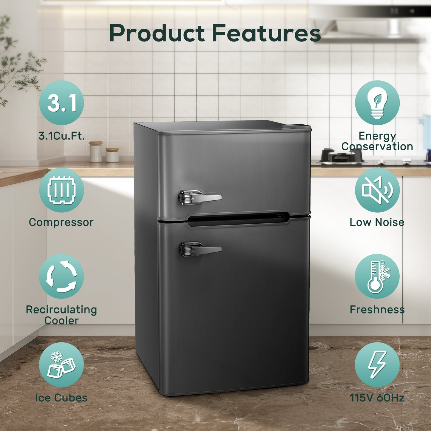 LHRIVER Mini Refrigerator 3.2Cu.Ft Compact Fridge 2-Double Doors with a Freezer Low Noise Defrost Storage of Beverages Vegetables and Fruits for Home Office Dorm