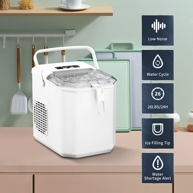 LHRIVER Portable Compact Self-cleaning Ice Maker With Handle and Ice Scoop, Bullet Ice Cubes, 9Pcs/8Min 26Lbs/24H for Home/Office/Bar/Party (White)