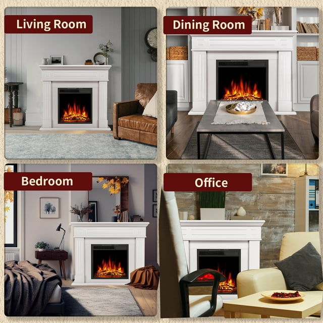 LHRIVER Freestanding Wooden Frame Fireplace with TV Stand, Electric Fireplace Mantel Heater, Various Brightness & Realistic Flames & Remote Control, Home/Office/Cafe,750W-1500W, PEARLWHITE