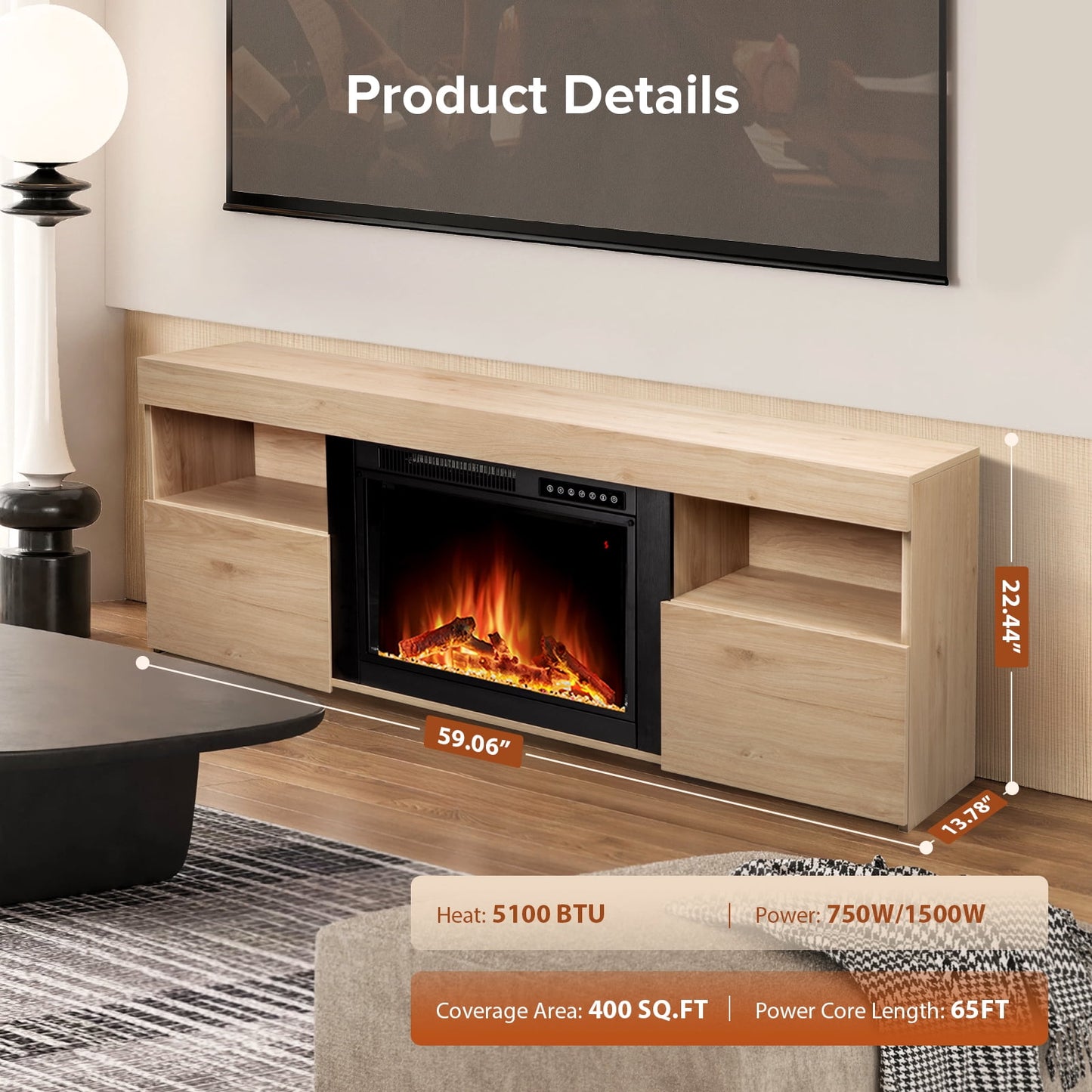 LHRIVER Free Standing Fireplace, Remote Control, 60'', Electric Fireplace Mantel, Adjustable Real 3D Flame Brightness(Pecan)
