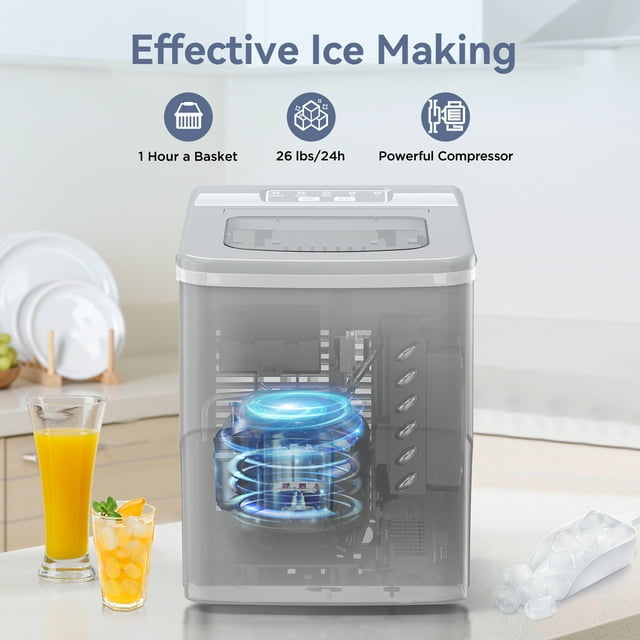Havato Countertop Ice Maker 26lbs, 9 Pcs/6Mins, 2 Sizes of Bullet-Shaped w/Scoop & Basket, Grey