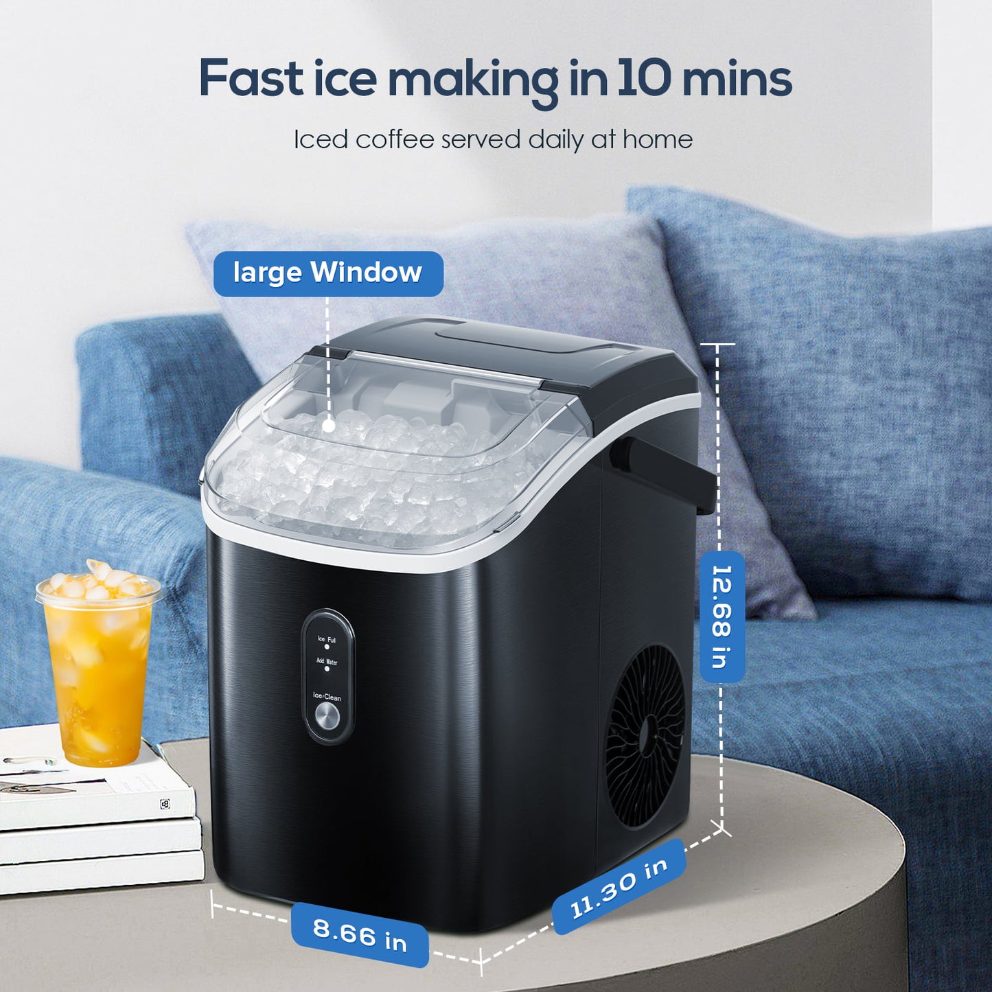 LHRIVER Nugget Ice Maker with Handle, Portable Compact Ice Maker, Self-Cleaning, 33lbs/Day, Removable Ice Basket&Scoop for Home/Office