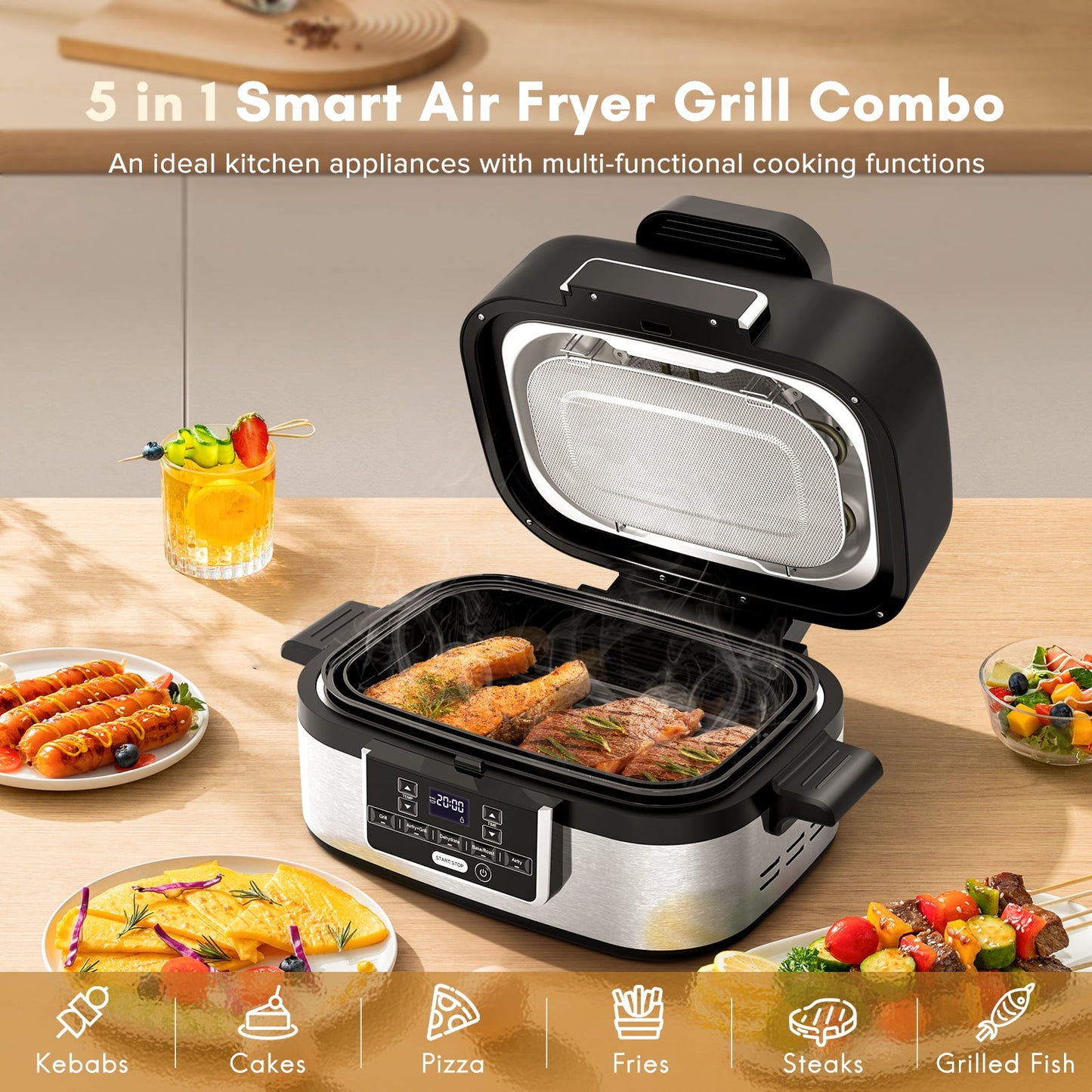 5-in-1 Electric Indoor Grill & Air Fryer Combo, 5QT Large Capacity, Stainless Steel Smokeless, Roast, Bake, Dehydrate, Beef & Fries, Black, LHRIVER
