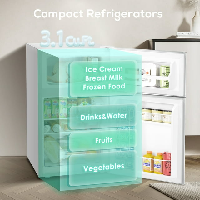 LHRIVER Mini Refrigerator 3.2Cu.Ft Compact Fridge 2-Double Doors with a Freezer Low Noise Defrost Storage of Beverages Vegetables and Fruits for Home Office Dorm
