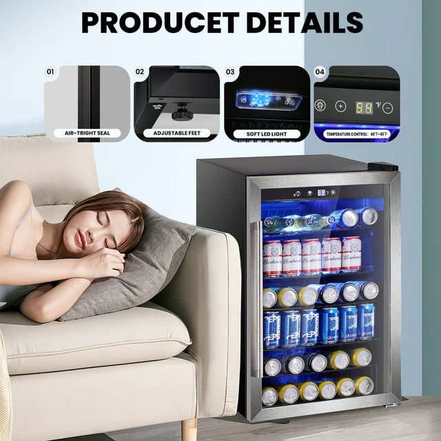 LHRIVER 4.4Cu.ft Beverage Refrigerator Cooler, 37 Bottles Mini Fridge with Glass Door for Soda Beer or Wine, With Adjustable Removable Shelves