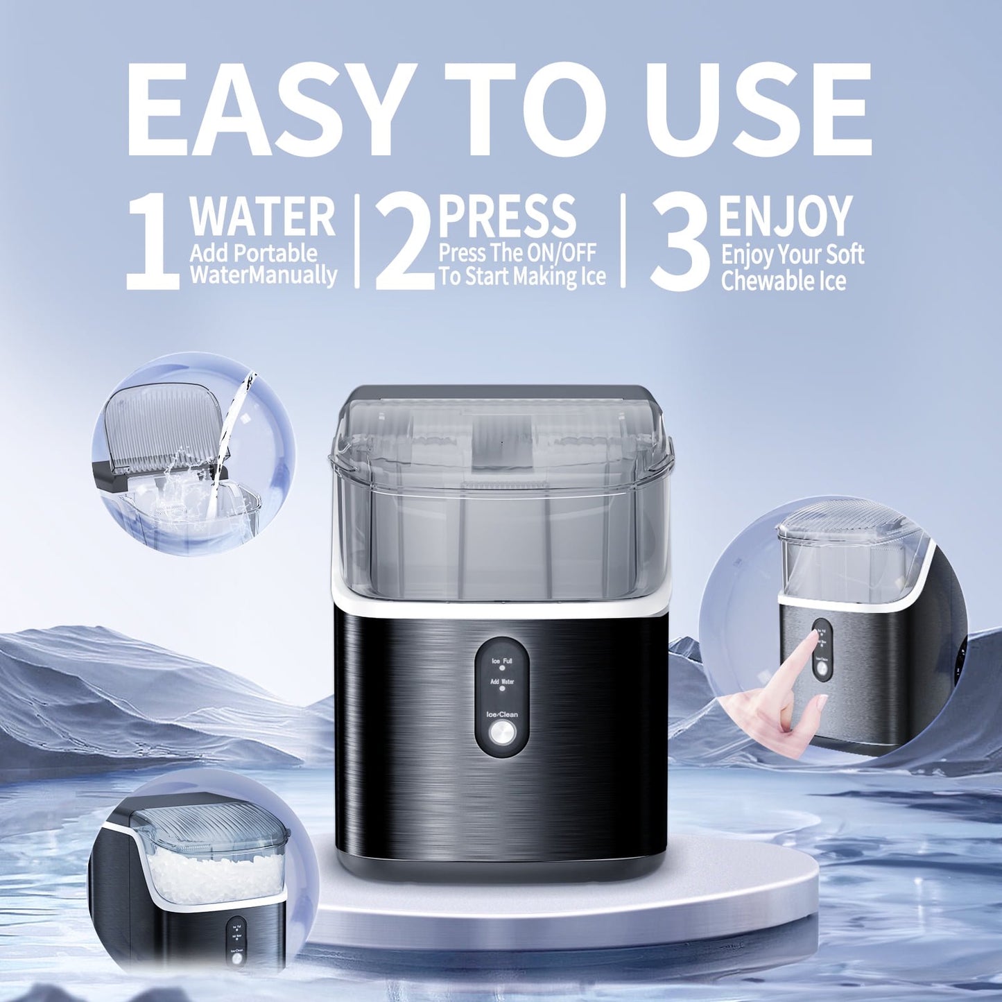 Havato Nugget Portable Ice Maker Highly Efficient Ice Production, 33 lbs/24 Hours, Self-Cleaning, Easy to Operate, Ideal Pellet Ice Maker for Home/ Kitchen/ Office/ Party - Black