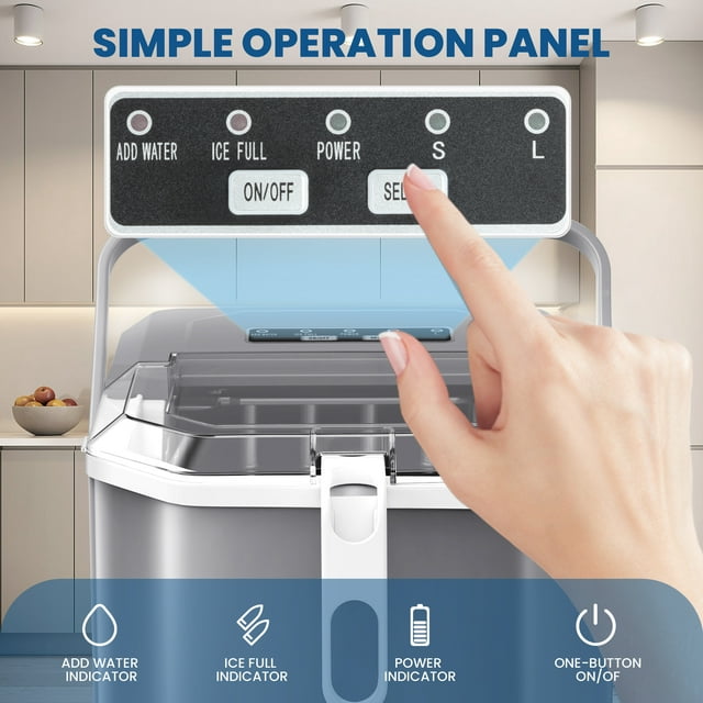 LHRIVER Portable Compact Self-cleaning Ice Maker With Handle and Ice Scoop, Bullet Ice Cubes, 9Pcs/8Min 26Lbs/24H for Home/Office/Bar/Party (Grey)