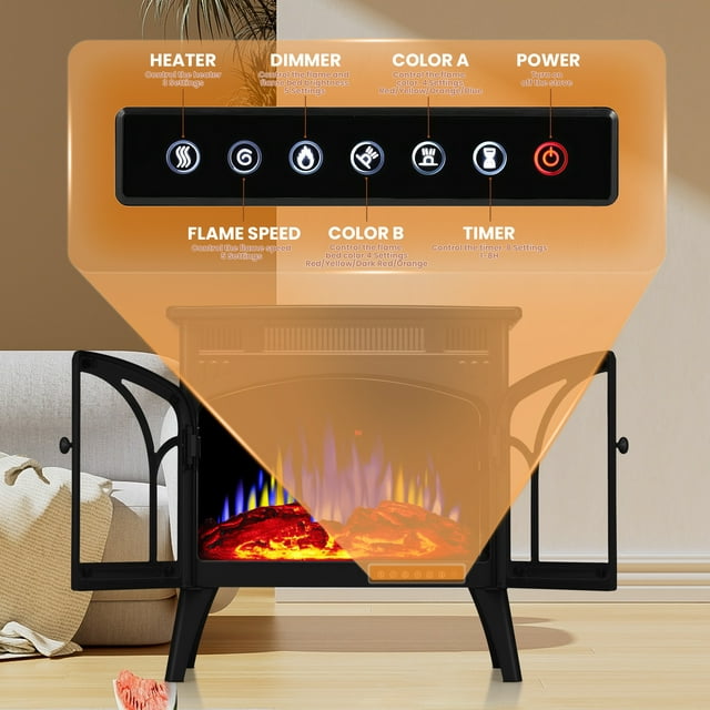 LHRIVER Electric Fireplace Heater 25’’ with 3D Realistic Flame Effect, Freestanding Fireplace with Remote Control, 500W/1500W, Black