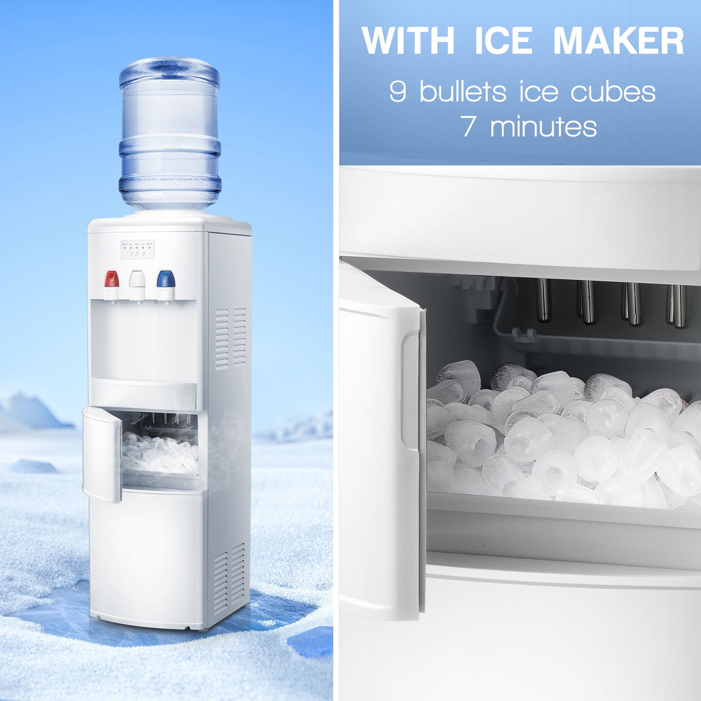 LHRIVER 3 in 1 Water Dispenser with Ice Maker, Cool Hot Room Temp Water Cooler Dispenser with Bullet Ice, 5 Gallon Water Jug with Child Safety Lock, White