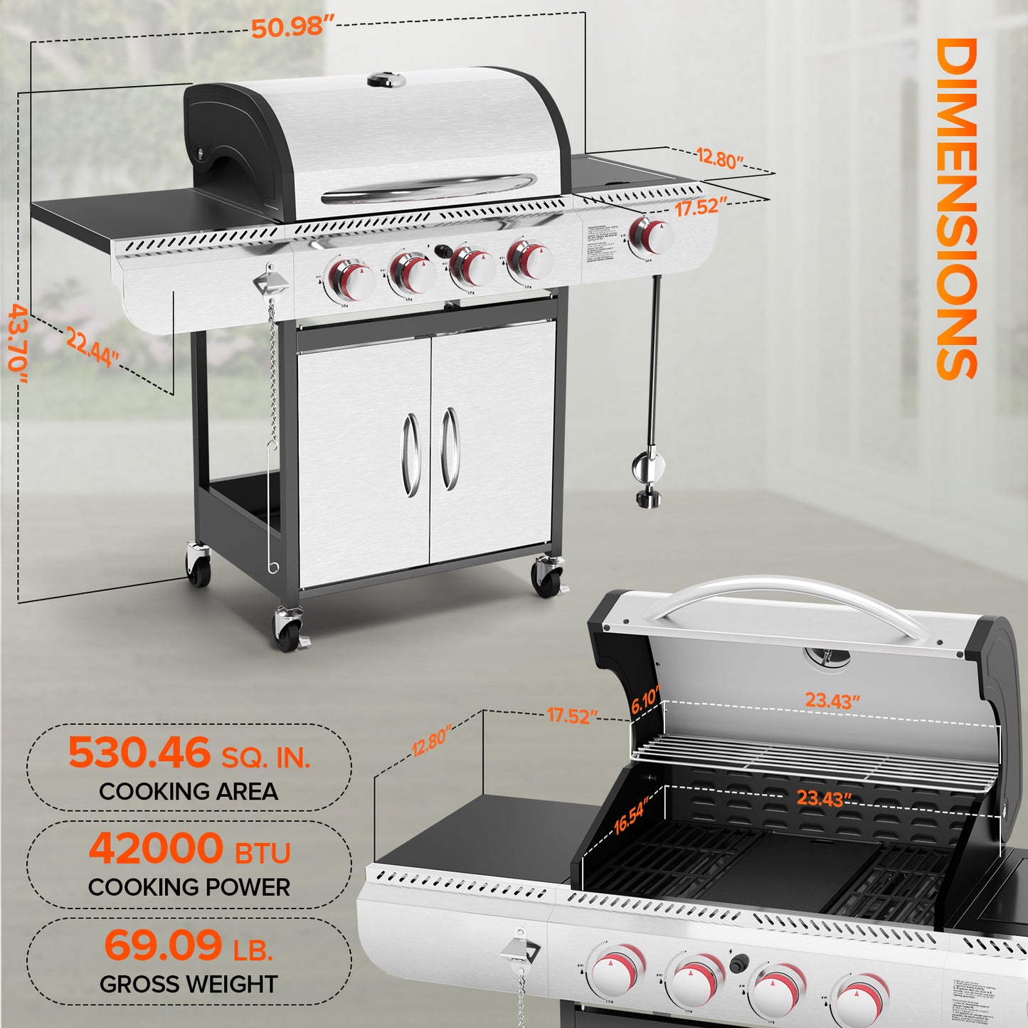 4-Burner Propane Gas Grill with Side Burner, Portable Stainless Steel BBQ Outdoor Cooker, 42,000 BTU, LHRIVER