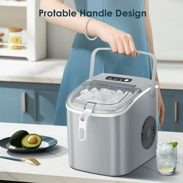 LHRIVER Countertop Ice Maker, Portable Ice Machine with Handle, 26Lbs/24H, 9Pcs/6Mins, One-Click Operation Ice Makers, with Ice Scoop and Basket, for Kitchen/Bar/Party - (Grey)