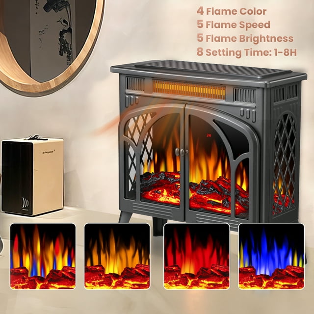 LHRIVER Electric Fireplace Heater 25’’ with 3D Realistic Flame Effect, Freestanding Fireplace, Different Flame Color, 500W/1500W,- GREY