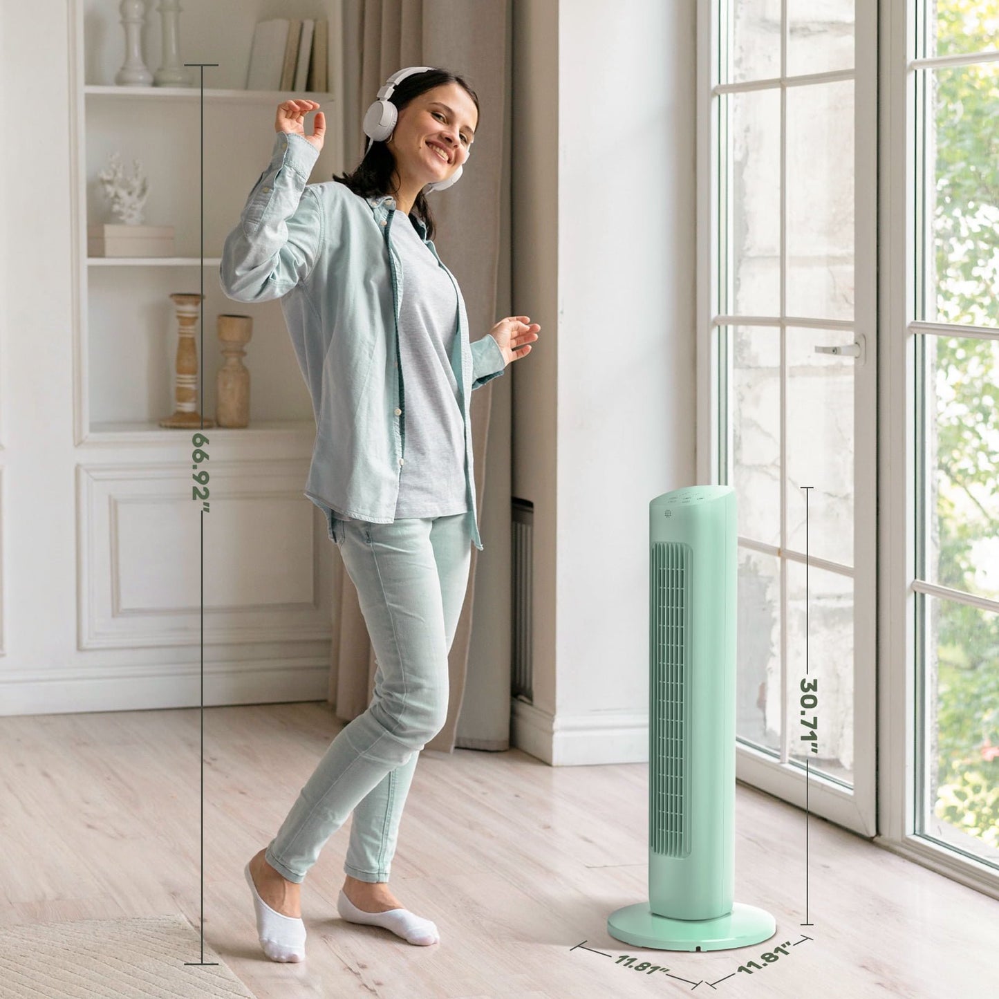 Havato Portable Independent Tower Fan, 360° Oscillating Fans, 3 Speeds, 15H Timer, 3-in-1 Fan Modes, Green