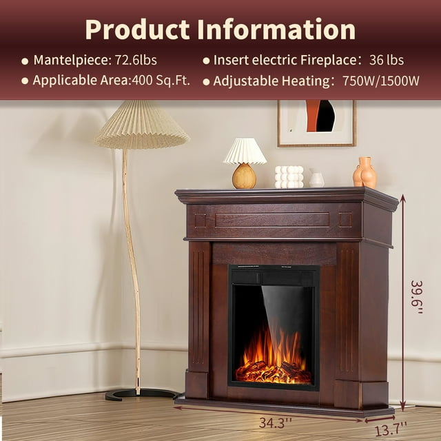 LHRIVER Freestanding Wooden Frame Fireplace with TV Stand, Electric Fireplace Mantel Heater, Various Brightness & Realistic Flames & Remote Control, Home/Office/Cafe,750W-1500W, Brown