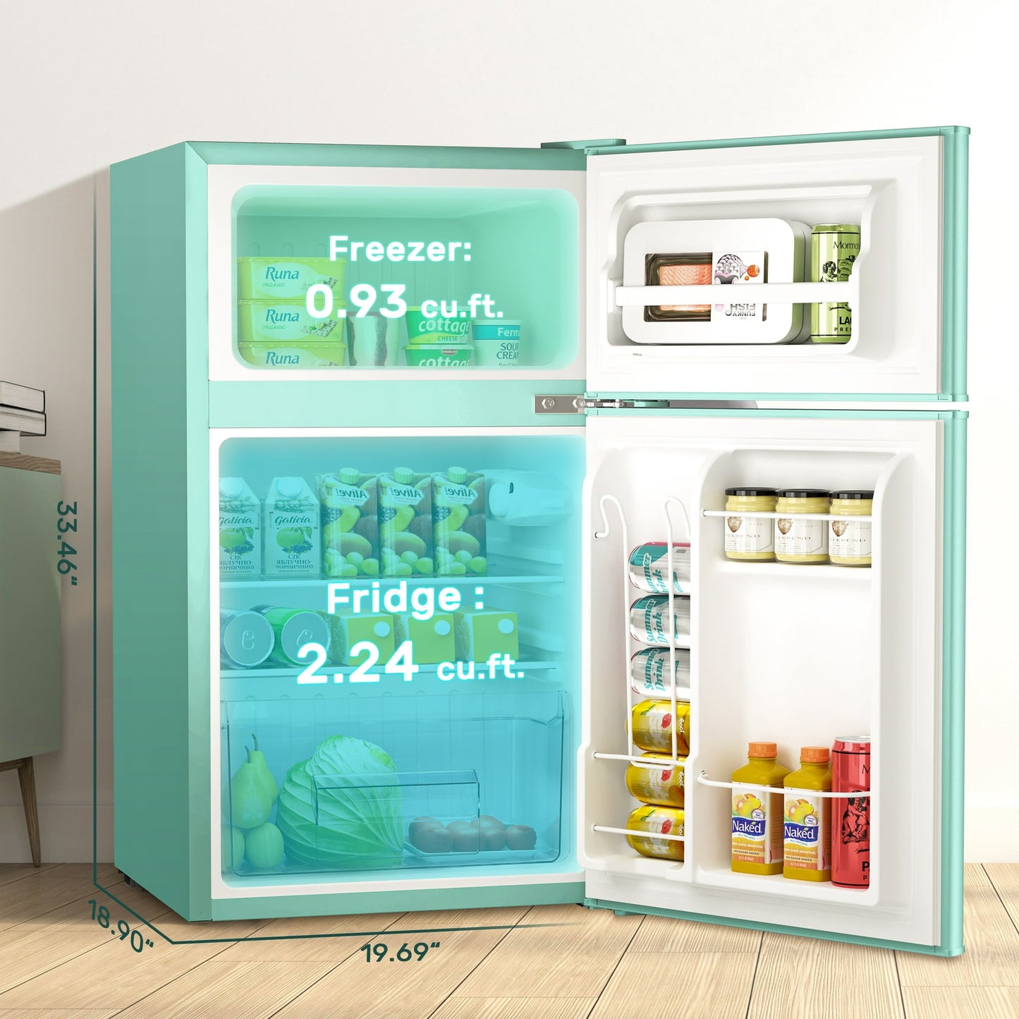 Havato 3.1 Cu.ft Two-door Mini Refrigerator with Freezer, Stainless Steel, Low-noise Defrost, Suitable for Home/Office/Dormitory,Green