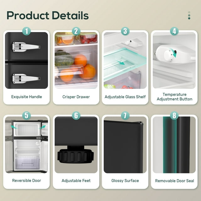 Havato Two-door Mini Fridge with Freezer and Handle, Compact Retro Refrigerator, Suitable for Dormitory, Office, Bar, RV and Bedroom, Black