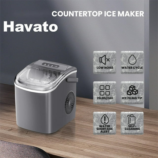 Havato Countertop Ice Maker, 9 Bullet Ice Cubes in 6 Mins, 26lbs/24H, w/ Scoop & Basket, Grey