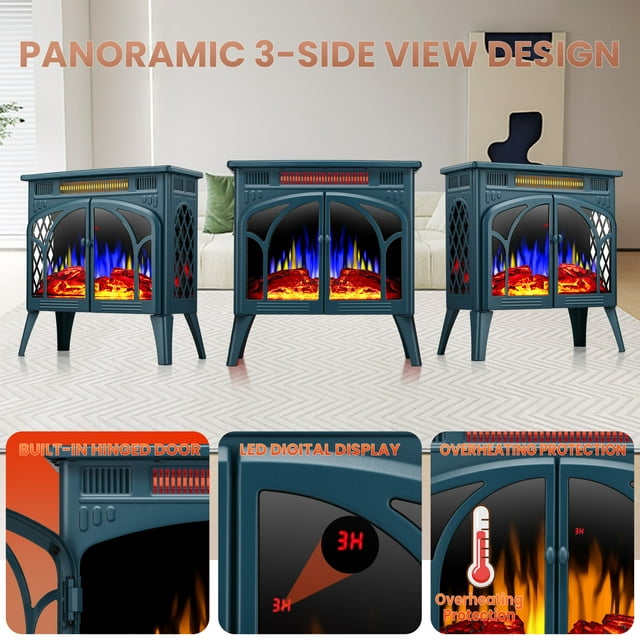 LHRIVER Electric Fireplace Heater 25’’ with 3D Realistic Flame Effect, Freestanding Fireplace, Different Flame Color, 500W/1500W,- DARKGREEN