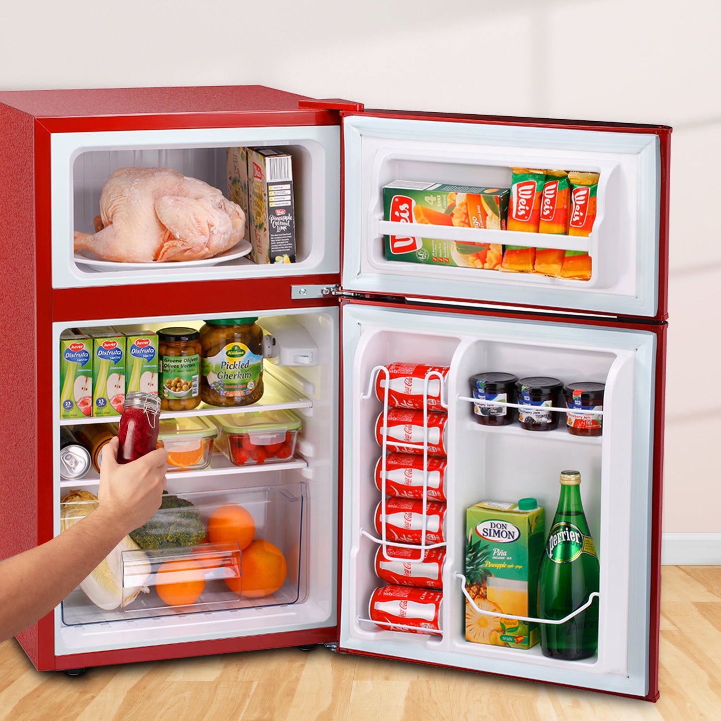 Havato 3.1 Cu.ft mini Fridge, double-door stainless steel design, silent defrost, first choice for home, dormitory and office, red