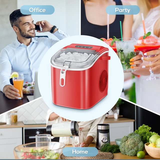 LHRIVER Countertop Ice Maker, Portable Ice Machine with Handle, 26Lbs/24H, 9Pcs/6Mins, One-Click Operation Ice Makers, with Ice Scoop and Basket, for Kitchen/Bar/Party - (Red)