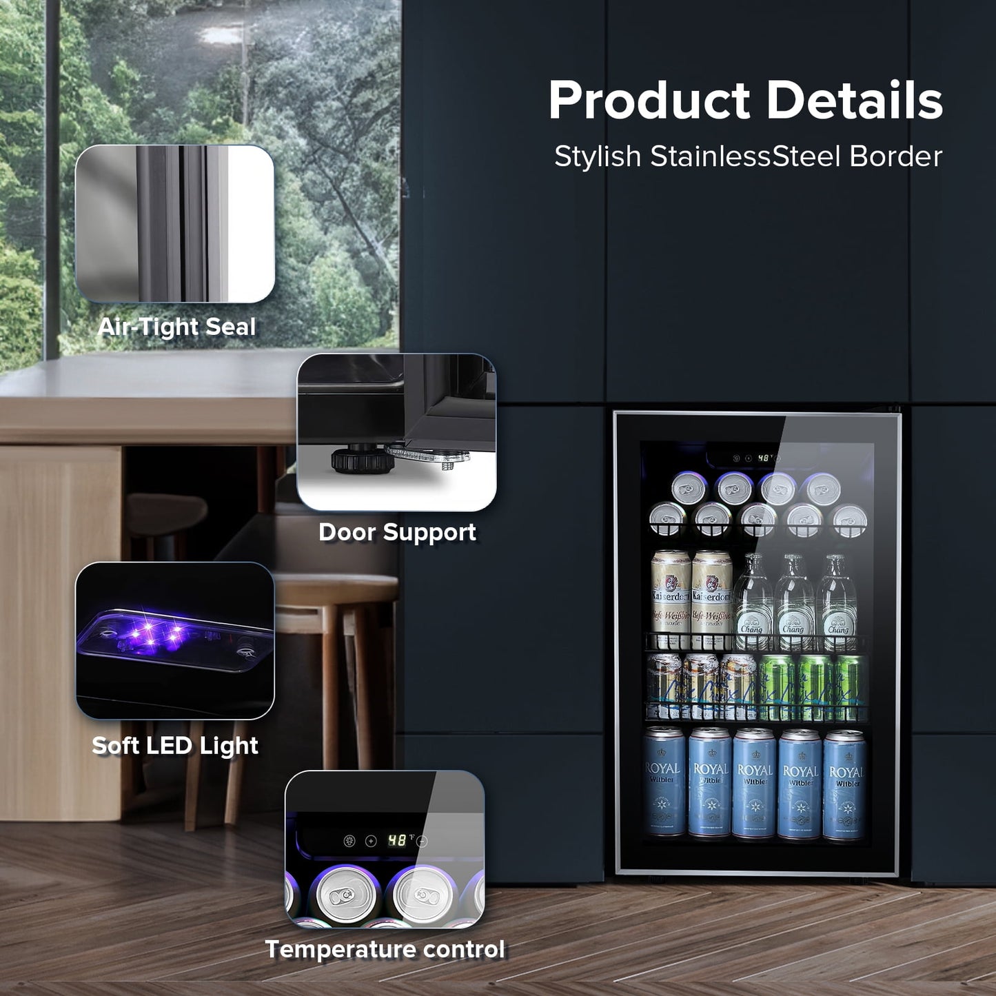 LHRIVER 3.2Cu.ft Beverage Refrigerator and Cooler, 130 Can Mini Fridge, Freestanding Constant Wine Chiller with Glass Door (Silver)