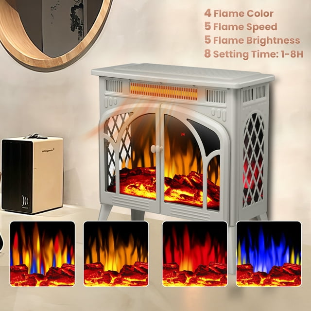 LHRIVER Electric Fireplace Heater 25’’ with 3D Realistic Flame Effect, Freestanding Fireplace, Different Flame Color, 500W/1500W,- BEIGE