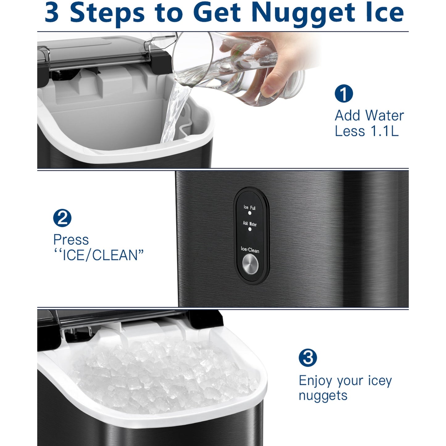 JOY PEBBLE 33lbs Stainless Steel Countertop Ice Maker, Crushed Nugget Ice Type with Scoop, Cubes Ready in 10 Mins, Black
