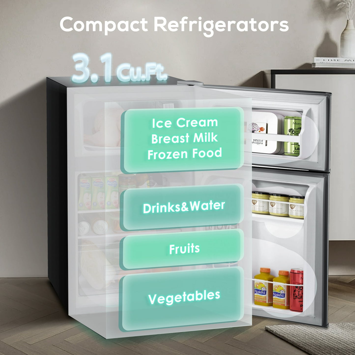 LHRIVER Mini Refrigerator 3.2Cu.Ft Compact Fridge 2-Double Doors with a Freezer Low Noise Defrost Storage of Beverages Vegetables and Fruits for Home Office Dorm